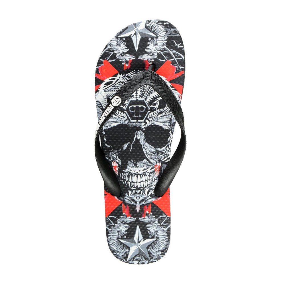 Philipp Plein Black/Multi Rubber Logo Print Flip Flops Shoes